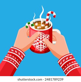 Coffee mug with marshmallows and candy cane in hand. Christmas hot drink with desserts. Hot chocolate, cup of coffee cocoa. New year, merry christmas holiday xmas celebration. Flat vector illustration