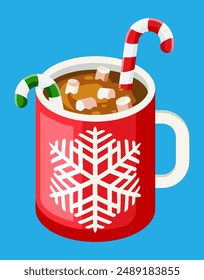 Coffee mug with marshmallows and candy cane. Christmas hot drink with desserts. Hot chocolate, cup of coffee or cocoa. New year, merry christmas holiday xmas celebration. Flat vector illustration