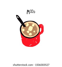 Coffee mug with marshmallows, vector illustration, isolated, hand drawing 