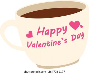Coffee mug with “Happy Valentine’s Day” message and pink hearts, perfect for greeting card design, celebration visuals, and love themes.