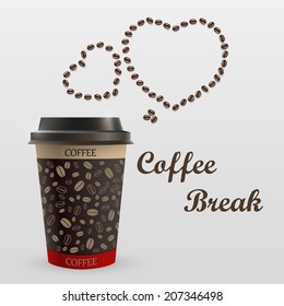 Coffee mug with a message sign heart of coffee beans. Vector illustration