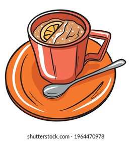 Coffee in a mug. Coffee with milk in a mug. Cafe. A restaurant. Cartoon style. Vector illustration for design and decoration.