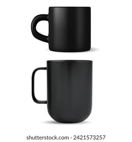 Coffee mug mockup. Black ceramic tea cup template, isolated on white. Set of glass tableware, porcelain dishes. Handle mug mock up for brand merchandise, opaque with shadow