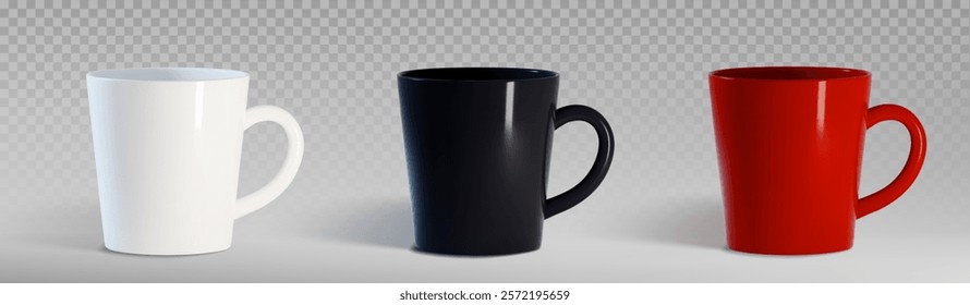 Cafeteira de café mockup coleção em cores clássicas - branco, preto profundo e copos de cerâmica vermelho vibrante. Bebedouro de forma cônica elegante para apresentações de marca, projetos promocionais e visualização de logotipo.