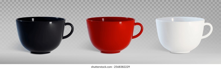 Coffee mug mockup collection - three glossy ceramic cups. Elegant black, vibrant red, blank white colors in minimalist style. Empty vessel with curved handles for branding, logo or design presentation