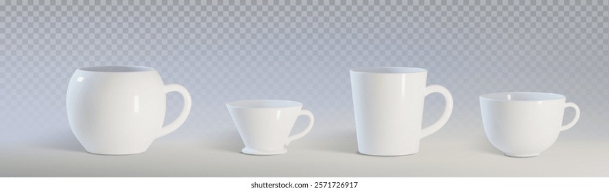 Coffee mug mockup set of different shapes - spherical, conical, cylindrical and rounded cups in glossy white ceramic. Clean minimalist drinkware for branding presentations and cafe menu design.