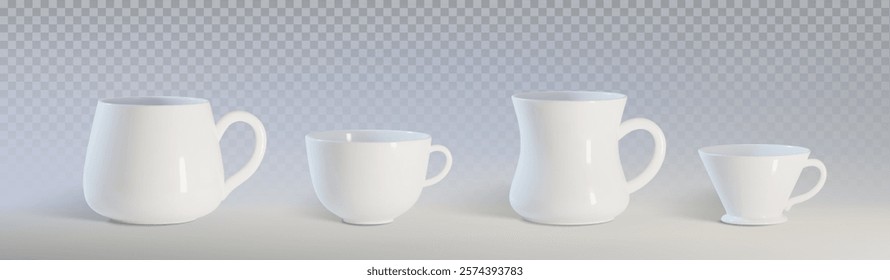 Caneca de café mockup conjunto de diferentes formas - esférico, cônico, cilíndrico e xícaras arredondadas em cerâmica branca brilhante. Drinkware minimalista limpo para apresentações de marca e design de menu café.