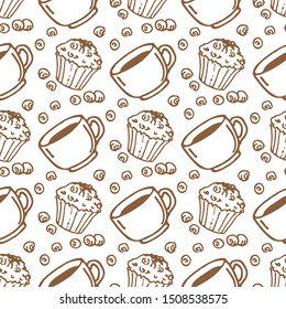 Coffee mug and muffins on white background. Seamless pattern for fabric, wallpaper, banner or wrapping paper. Hand drawn style.