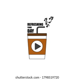Coffee mug and musical note with lettering 'REFRESHING YOUR DAY' flat vector design on white background