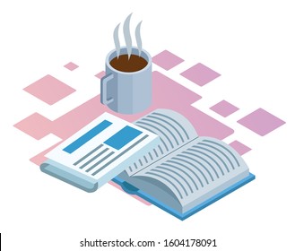 coffee mug, newspaper and book over white background, colorful isometric design, vector illustration