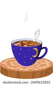 Coffee mug night sky on wooden stand. Vector illustration blue mug with hot drink and steam. No background. Beautiful foam and mug.