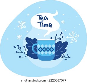 Coffee mug on decorative winter background