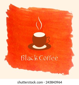 Coffee mug on orange background of watercolor. Texture, logo, sign, symbol, icon.