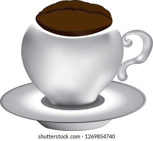 The coffee mug is on a saucer and there is a coffee bean in the mouth of the glass.