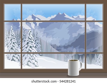 Coffee mug on a window sill. winter mountain landscape. Vector illustration