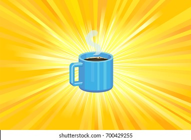 Coffee mug on yellow light rays background vector