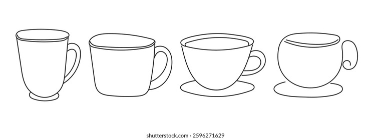 Coffee mug outline drawing. Doodle hand drawn coffee or tea cups.