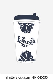 Coffee mug with paper packaging design illustration. Calligraphy lettering inscription barista