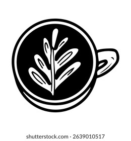 Coffee mug with a pattern on the foam. Hand drawn doodle vector. Latte art. Cappuccino in a ceramic cup. Invigorating hot drink brewed from roasted beans. Illustration line element.