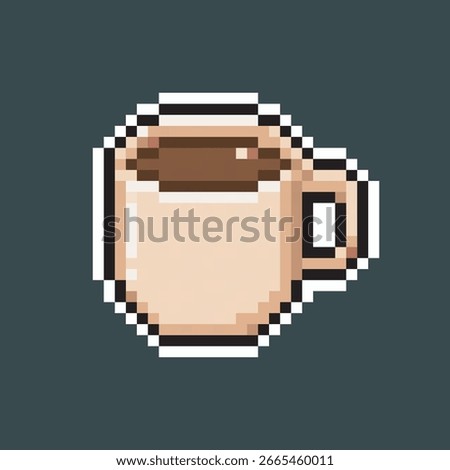 coffee in the mug in pixel art style with outline and isolated background