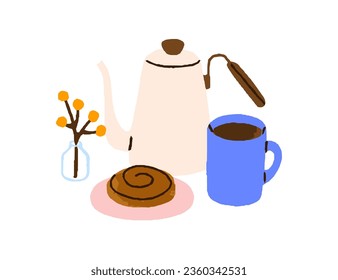 Coffee mug, pot and bakery composition. Coffeepot, sweet roll. Morning americano drink in cup and bun. Fresh coffe and dessert for breakfast. Flat vector illustration isolated on white background