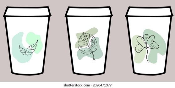 Coffee mug with a print of plants. Protection of nature, protection of the environment, against plastic. Design of coffee mug for coffee shops, cafes, restaurants, bars, cafeterias.