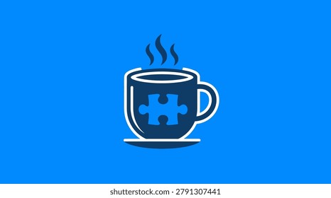 Coffee mug with puzzle piece design emitting steam on blue background