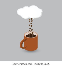 Café con una nube de lluvia por encima y granos de café mientras cae la lluvia