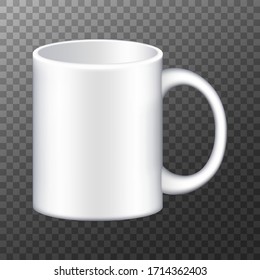 Coffee mug. Realistic white cup isolated on transparent background. Vector promotional mockup