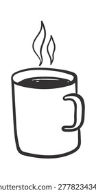 Coffee mug with rising steam in bold contour, rounded handle, and smooth rim. Symbol of warmth, energy, break, and productivity for cafe, morning ritual, and comfort. Cartoon vector illustration.