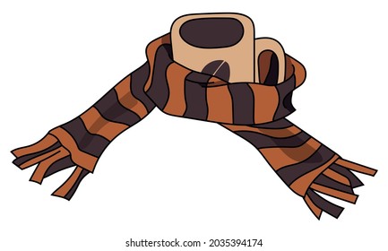 Coffee Mug with a Scarf Vector Illustration. Fall, autumn, cozy, hand drawn, doodle.