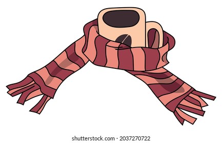 Coffee Mug con una ilustración vectorial Scarf. Caída, otoño, acogedor, dibujado a mano, doodle.