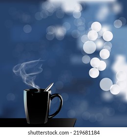 Coffee mug and sea bokeh vector