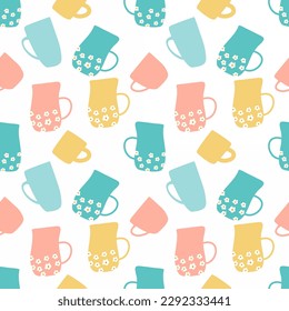 Coffee mug seamless pattern on white background.