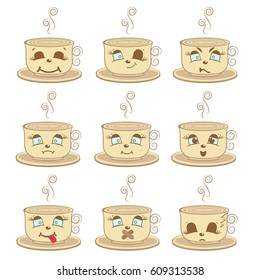 Coffee mug set of emoticons vector illustration on white background