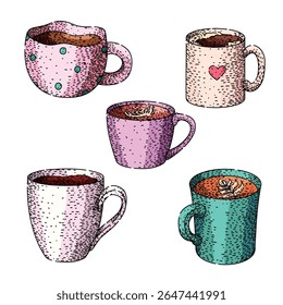 coffee mug set hand drawn. travel insulated, personalized custom, steel glass coffee mug vector sketch. isolated color illustration