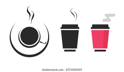 Coffee mug shop logo icono vidrio vectorial y papel de forma plana silueta gráfico conjunto, té caliente bebida bebida bebida taza pictograma simple glifo signo clipart etiqueta de imagen