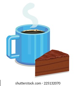 Coffee mug and slice of chocolate cake