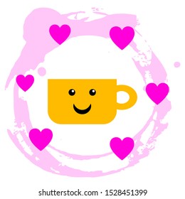 Coffee mug with smile and hearts vector. Morning coffee vector illustration. Tea cup with smile and hearts