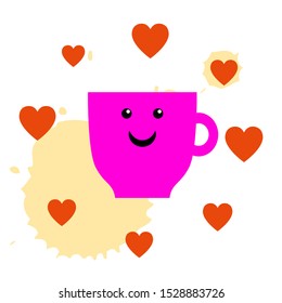 Coffee mug with smile and hearts vector. Morning coffee vector illustration. Tea cup with smile and hearts
