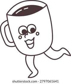 Coffee mug with smiling face, legs, and handle sprinting in outline cartoon style. Symbol of energy, caffeine boost, morning rush, and motivation. Cartoon vector illustration.