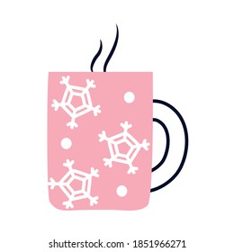 coffee mug with snowflakes design over white background, half line half color style, vector illustration