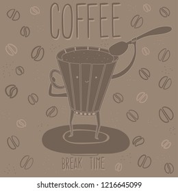 coffee mug with coffee and space flies on a flying saucer with a spoon on the brown background