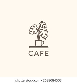 Coffee mug sprout leaf grow linear logo design. Aesthetic Coffee shop cafe logo icon sign