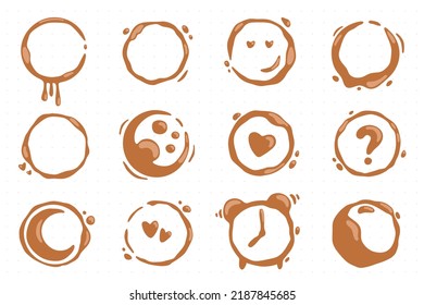 Coffee mug stain character, logo, mascot collection. Cup round spots in shape of friendly creatures, hearts, moon, alarm clock. Vector 