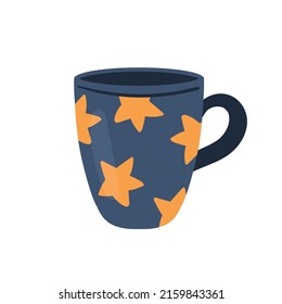 Coffee mug with stars. Ceramic tea ceremony cup, hot beverage teapot vector illustration