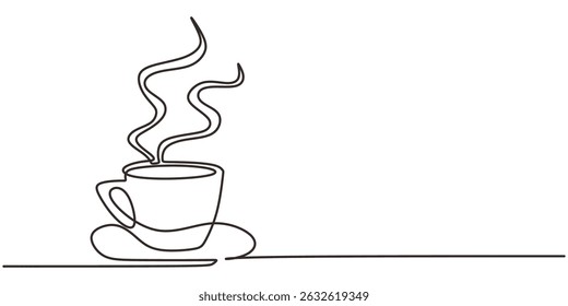 Coffee mug steam continuous line design. Morning routine lifestyle beverage. Hot drink caffeine break art.