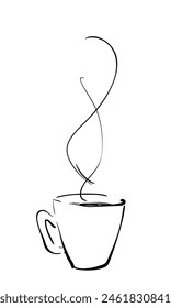 Taza de café con vapor, ilustración dibujada a mano, boceto de Vector de bebida caliente