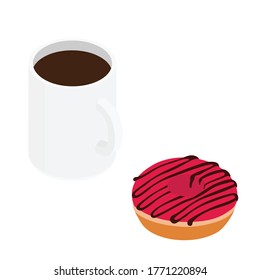 Coffee mug and sweet strawberry donut. Isolated on a white. Vector. Isometric view