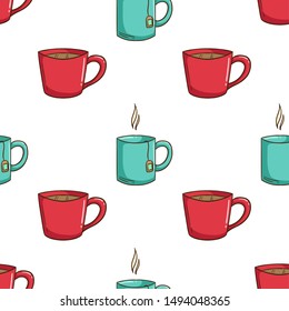 Coffee Mug and Tea Cup in Seamless Pattern With Doodle Style